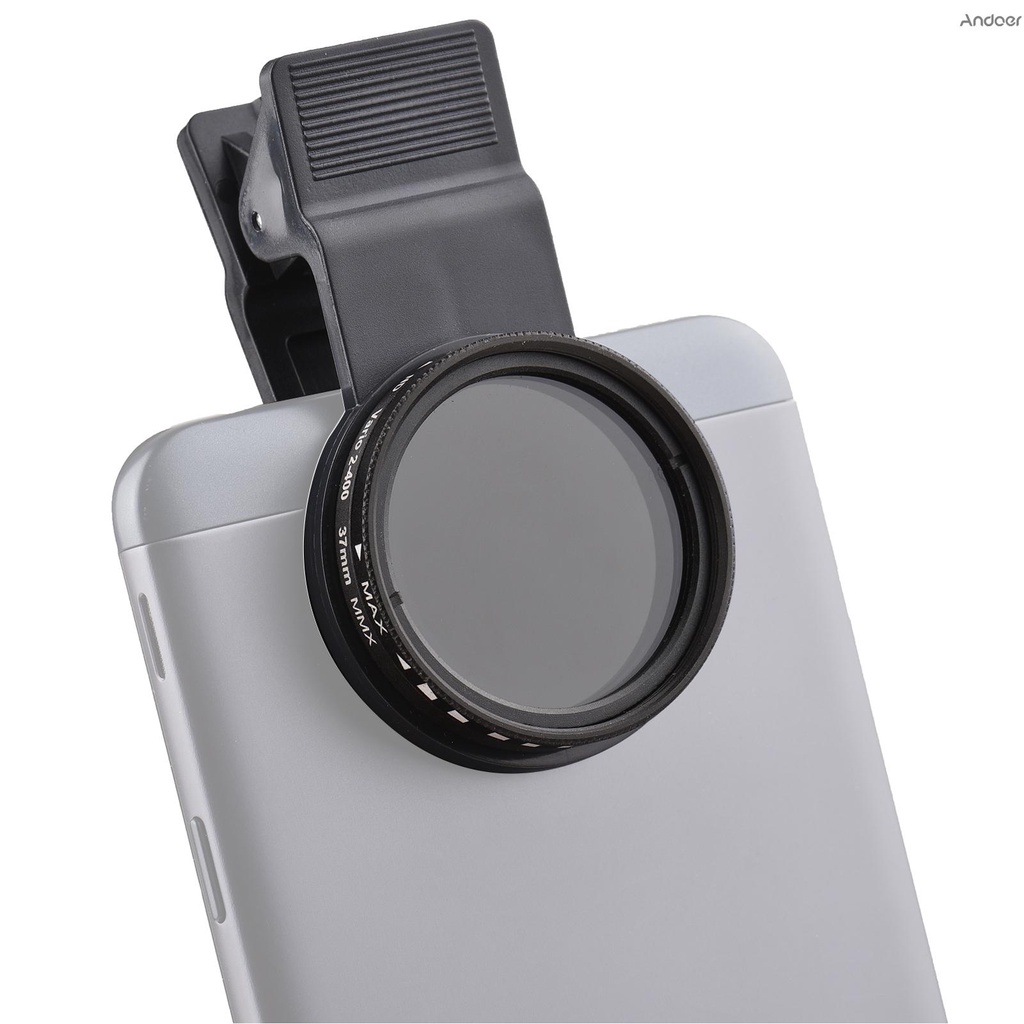 Andoer 37MM Professional Clip-on Phone Filter Lens ND2-400 Adjustable Neutral Density Filter with Phone Clip Lens Protector for Smartphone Photography. 