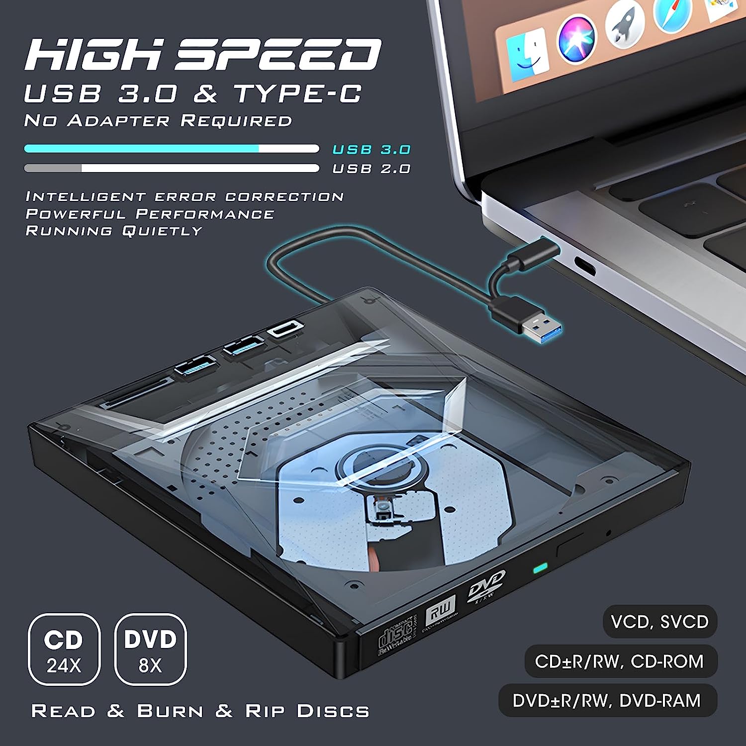 External DVD Drive for Laptop USB 3.0 Type-C Portable CD/DVD Optical Drive Player Writer CD Burner with 2 USB 3.0 Ports, Type C Port SD Card Reader for Laptop PC MacBook Mac Windows Linux OS. 
