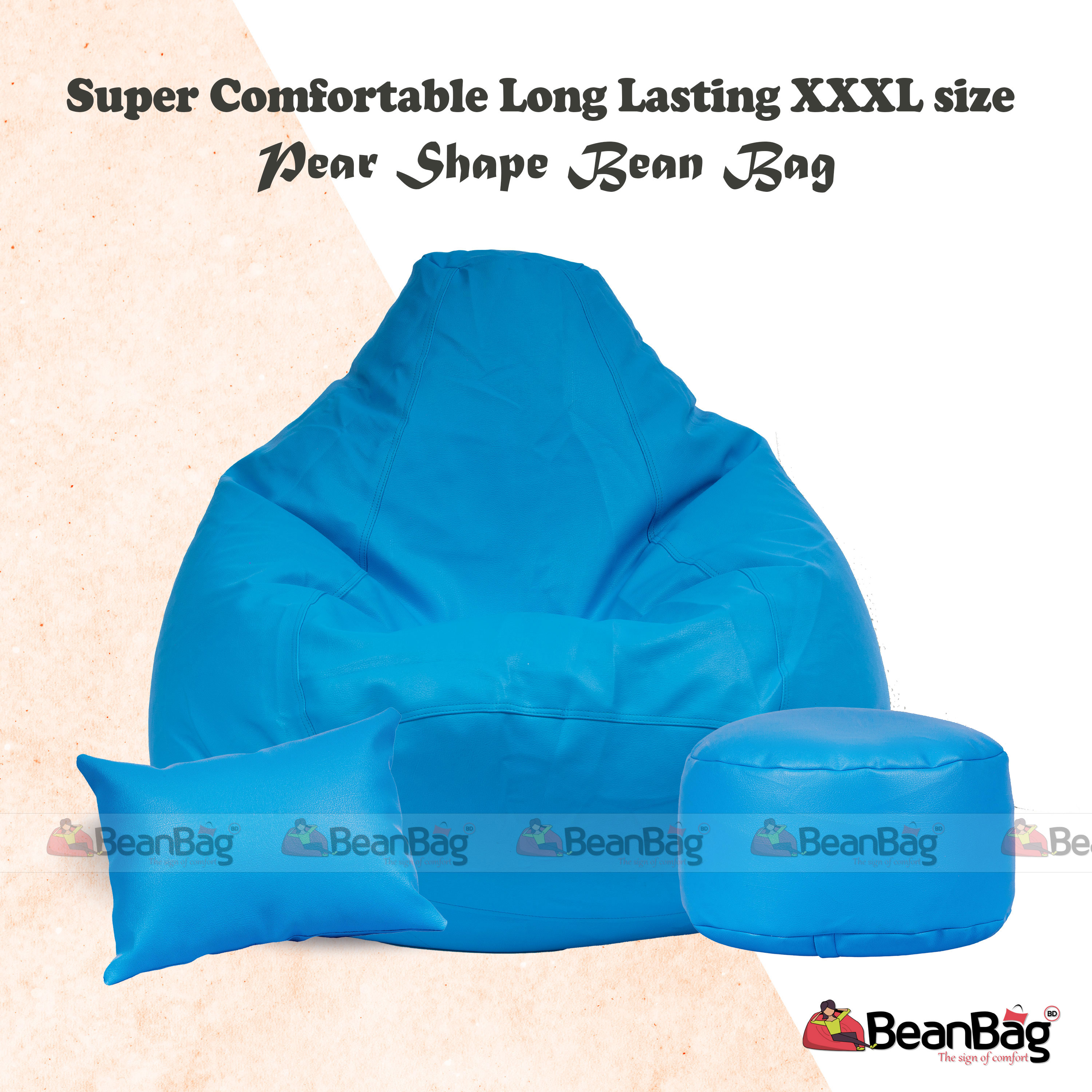Bean Bag BD-XXXL High Back Pear Shape Bean Bag Full Set_ Bean Bag, Footrest & Pillow_Sky Blue Colour_Premium Quality