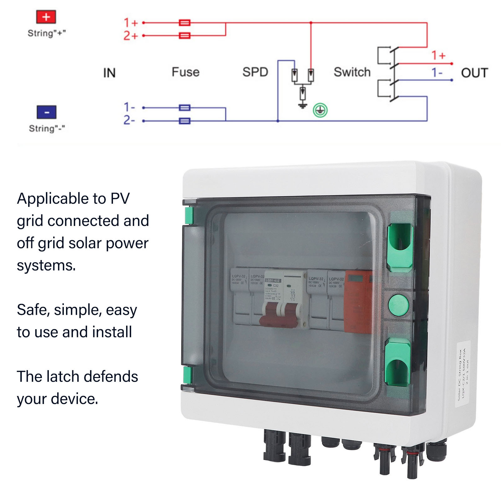 Photovoltaic Combiner Box, DC500V Waterproof 2 String Solar Combiner Box Short Circuit Protection Easy Installation with 15A Fuse for RV. 
