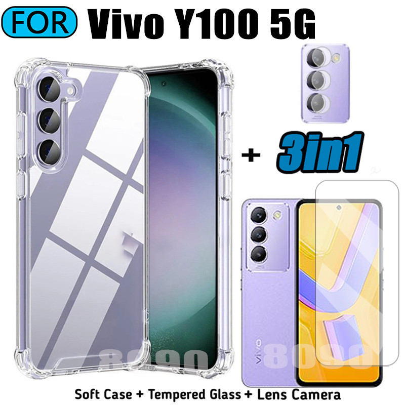 3in1 Vvivo Y100 Transparent Soft Phone Case For Vivo Y03 Y27S Y17S Y27 4G Y27 5GTempered Glass + Back Camera Lens Film