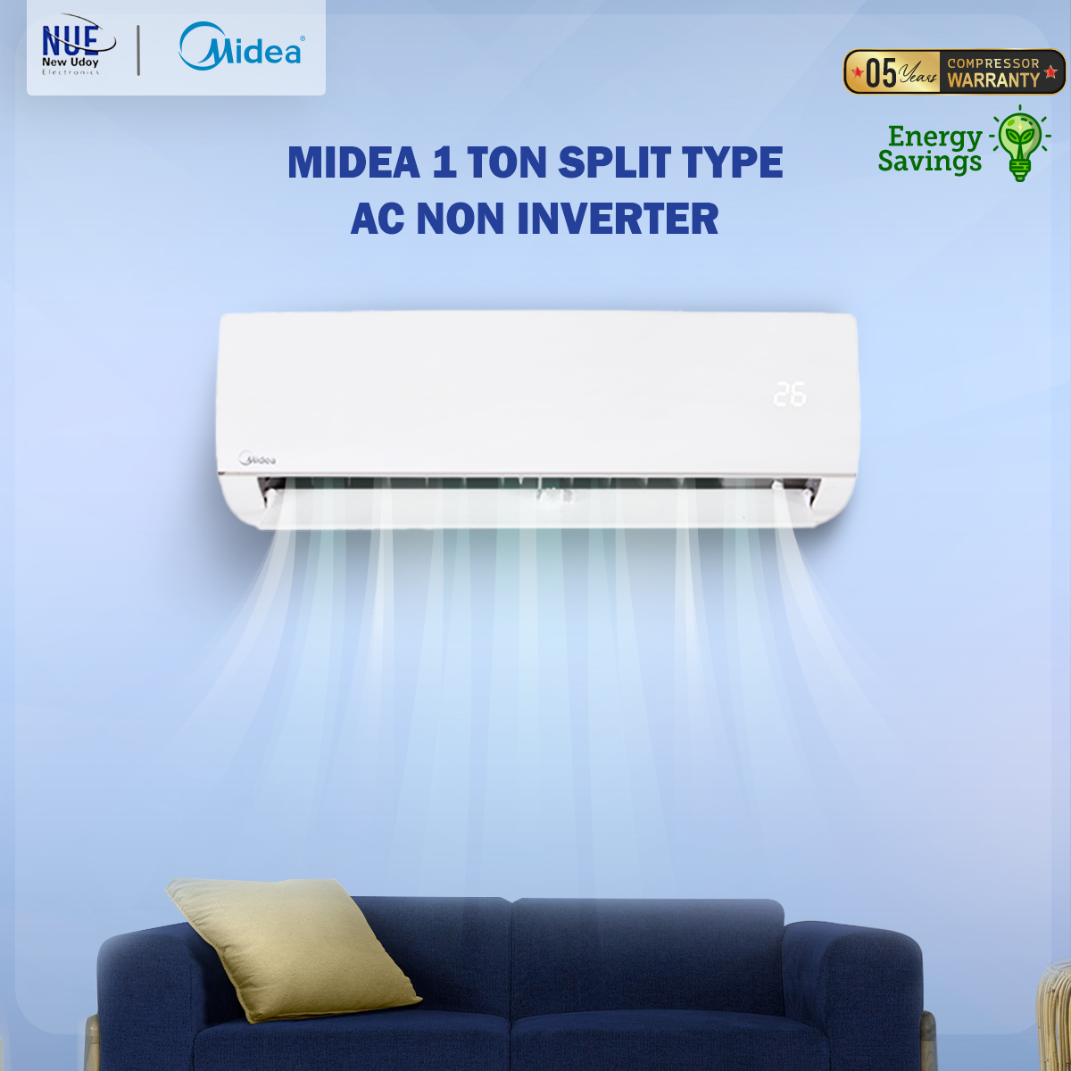 MIDEA 1 ton Split type AC NON INVERTER ( 5 years compressor warranty ) save energy