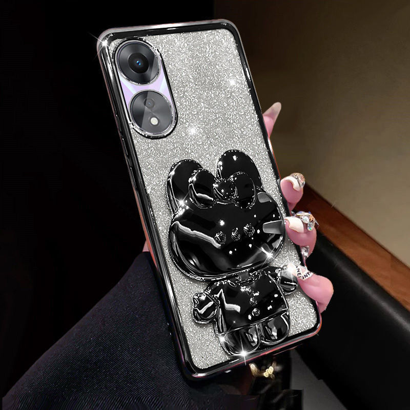 New Phone case OPPO Reno8 T 4G / Reno8 T 5G Back cover Camera Protection Semi Transparent Soft Silicone Rabbit bracket Shockproof Exquisite Glitter Powder