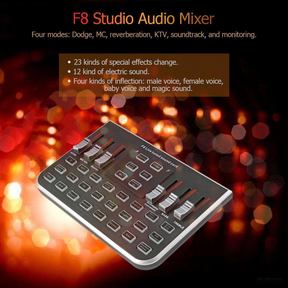 F8 4 Modes Studio Audio Mixer Microphone Webcast Streamer Live Sound Card for twitch live for steam. 