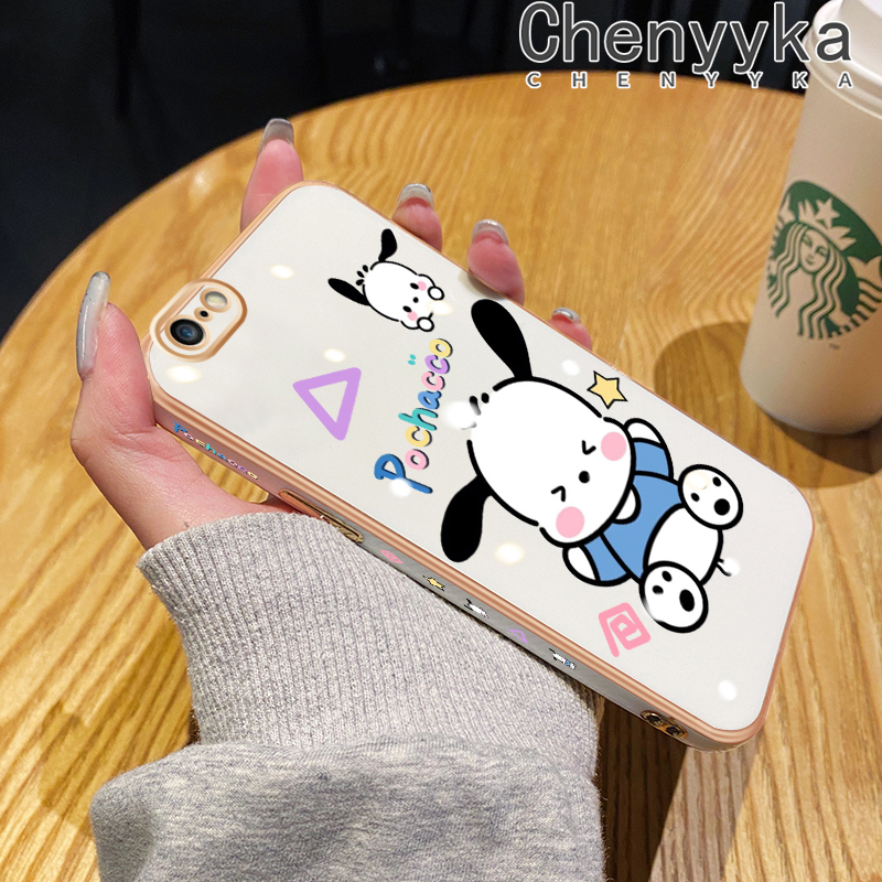 Chenyyka For iPhone 6 6s 6 Plus 6s Plus Case Cartoon Cute Pochacco New Square Edge Pattern Luxury Plating Phone Cases Silicone Soft Case Camera Lens Shockproof Protection Cover. 
