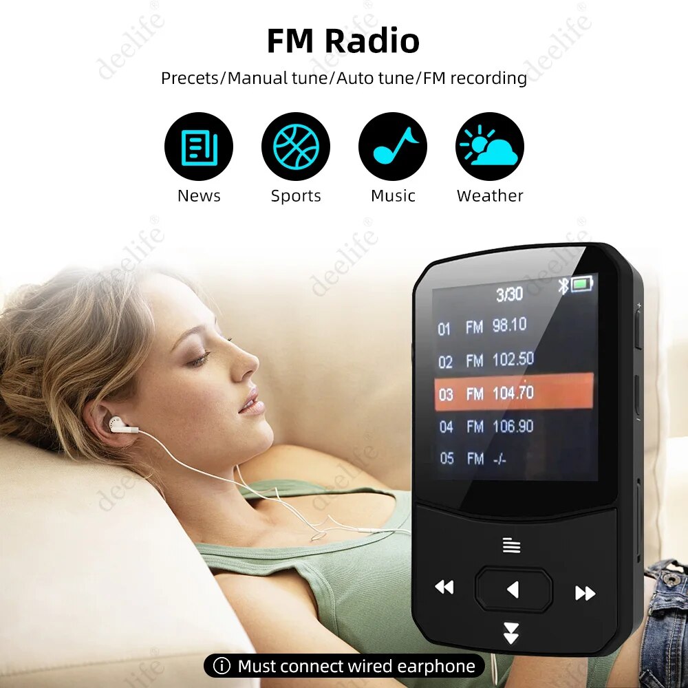 Deelife Sport Bluetooth MP3 Player for Running with Music Play Armband Portable Clip Pedometer FM Radio TF Recording Mini Mp 3. 