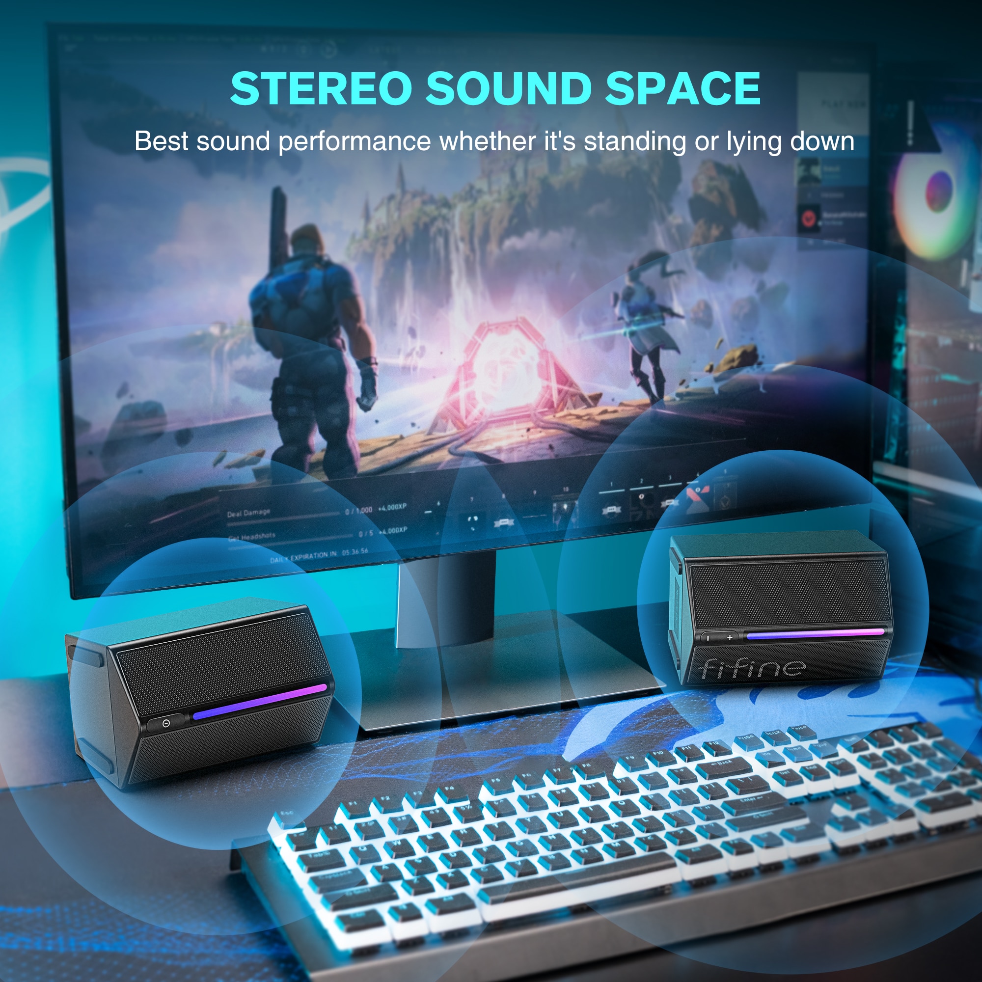 FIFINE Gaming Sound Box with Stereo Surround Sound, USB RGB Speaker with Vol Control for PC,Lattop,PS4/5,TV-Ampligame A20. 