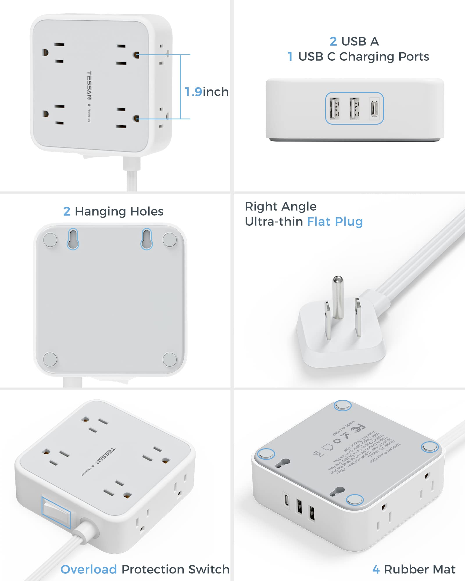 TESSAN 5 ft/10 ft Flat Extension Cord Flat Plug Power Strip with 8 AC Outlets 3 USB (1 USB C), Surge Protector Power Strip. 