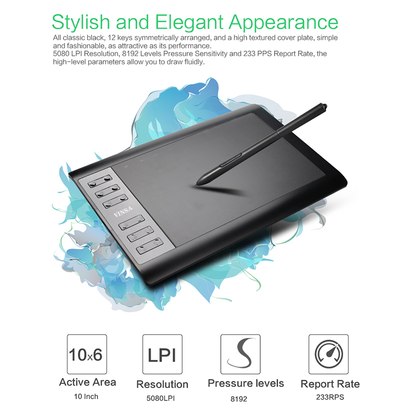 Lamgool VINSA 1060 PLUS 10*6 Inch Portable Digital Tablet Connect Mobile Phone Digital Pressure Drawing Tablet Interactive Graphic Tablet for Drawing. 