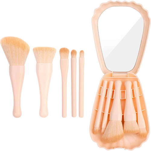 Shells Shape Mirror Box with Beautiful Makeup Brush Set 5pcs - Multicolor. 