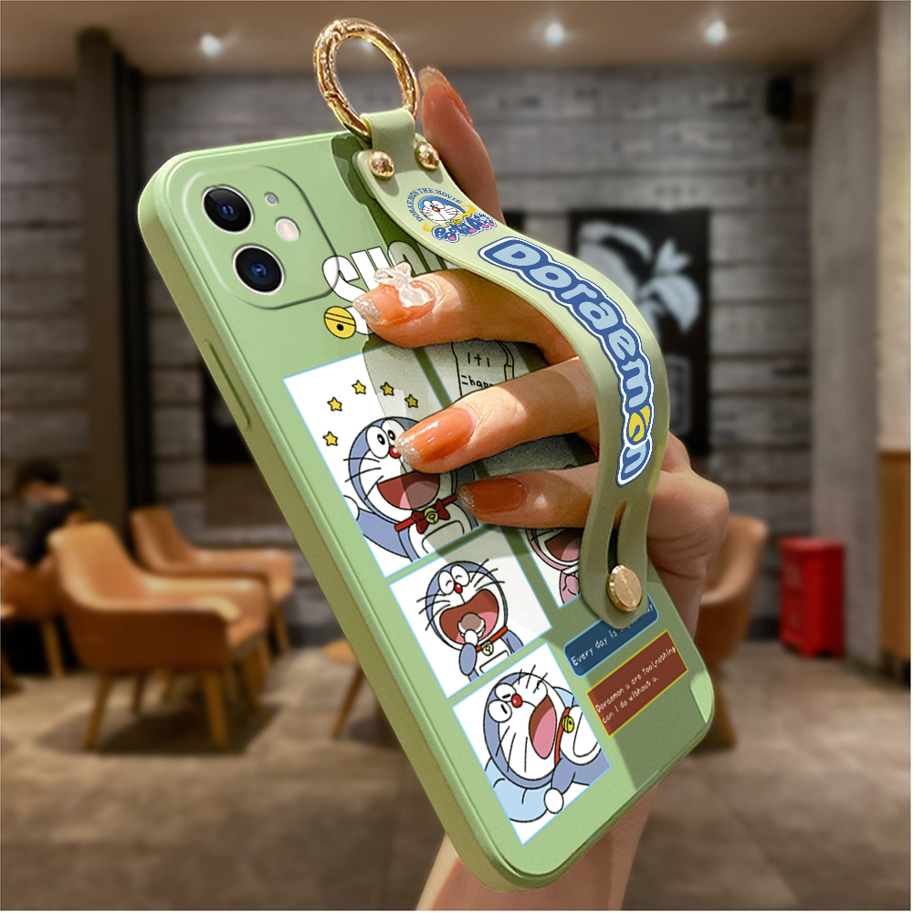 Hontinga for OPPO A18 A38 Back Cover Wrist Strap Cute Doraemon Phone Case Square Liquid Silicone Mobile Cover. 