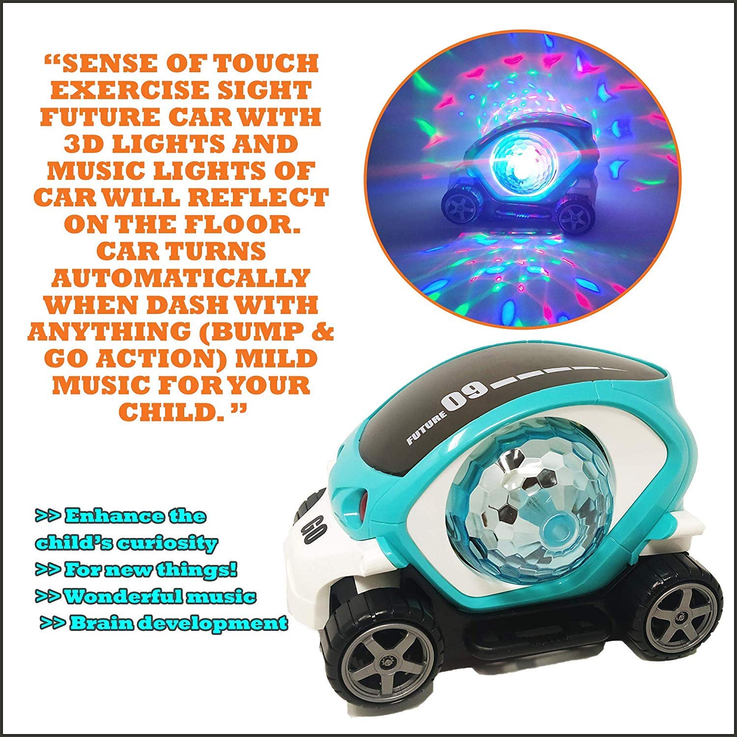 pikaboo future car toy future car for kids with lighting and sound 360 degree rotating - battery operated- Multi color. 