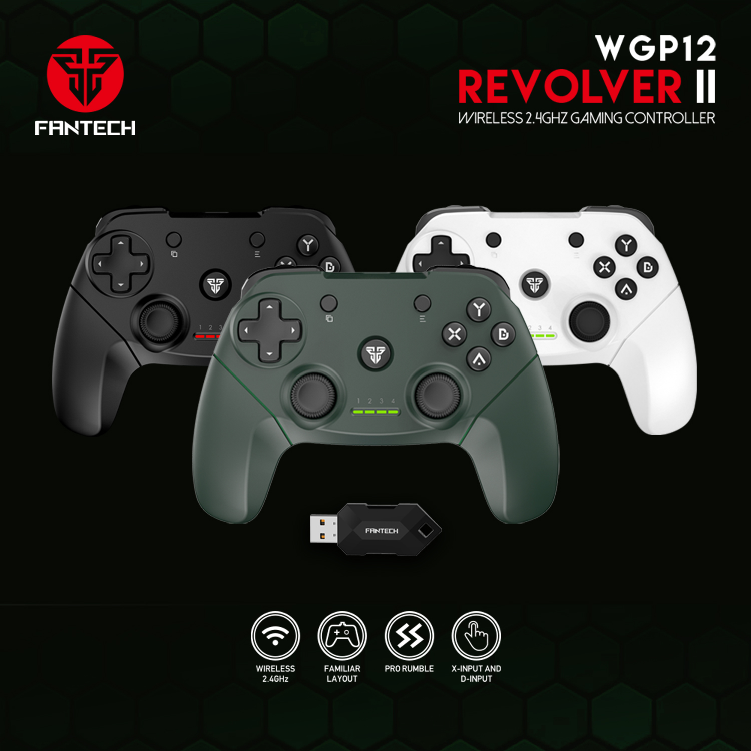 FANTECH REVOLVER WGP12 Controller Gamepad 2.4G Wireless Joystick Joypad With PS3 PC 10 Hours Long Battery Life For Game Player Black White Green. 