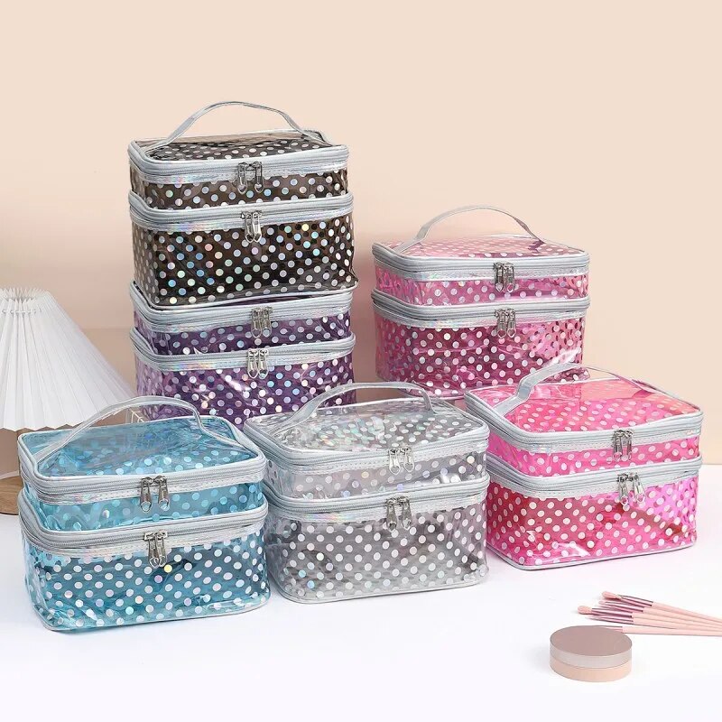 Polka dot transparent PVC double layer makeup bag Multi-functional portable waterproof makeup case large capacity travel storage. 