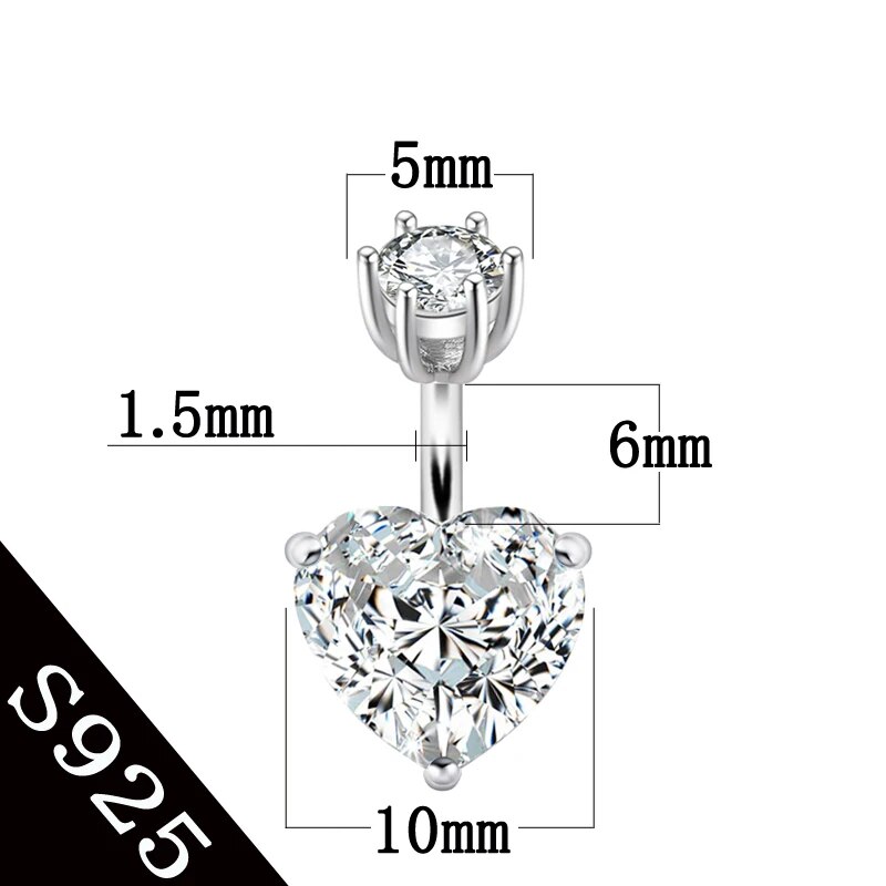 925 pure silver belly button ring real genuine silver navel ring body piercing jewelry heart stone zircon pin length 6 8 10 mm. 