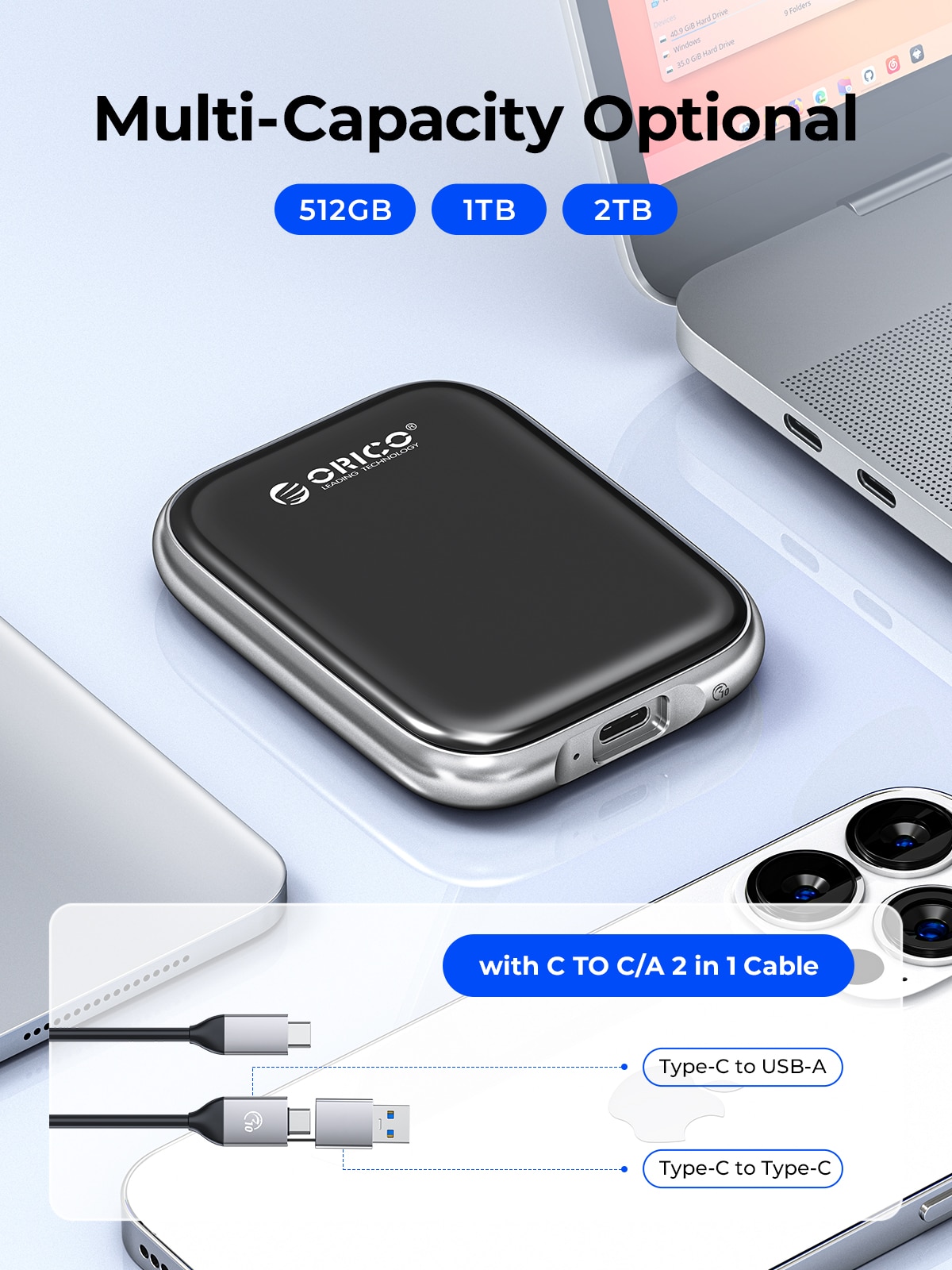 ORICO Beetle Portable SSD 2000MB/S External Solid State Drive 2TB 1TB 512GB USB 3.2 Gen2 Type- C PSSD for MacBook Air Pro Laptop. 