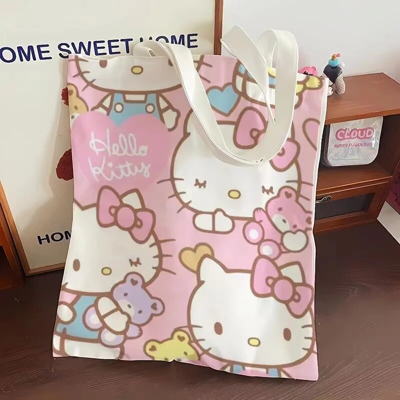 Sanrio Kitty Cat Canvas Bag Zippered Student Book Large Capacity Class Tote Bag Shopping Girl Gift. 