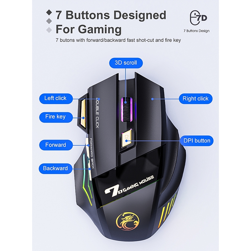 iMICE GW-X7 7-button Silent Rechargeable Wireless Gaming Mouse with Colorful RGB Lights. 