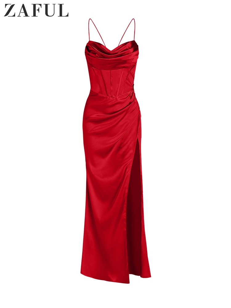 ZAFUL Dress Satin Cowl Front Lace Up Corset Dress Evening Dresses