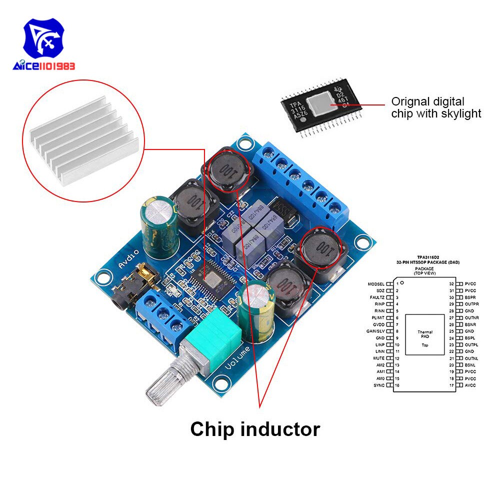 diymore TPA3116 D2 50Wx2 Dual Channel DC 4.5-27V Digital Power Amplifier Board 2 CH Stereo High Efficiency Reverse Protection. 