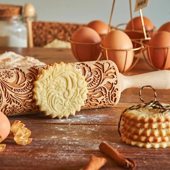 Arjmide Deep Engraved Wooden Embossed Cookies Flower FROST SWIRLS Rolling Pin for Baking 3D Rolling Pins ZM028. 