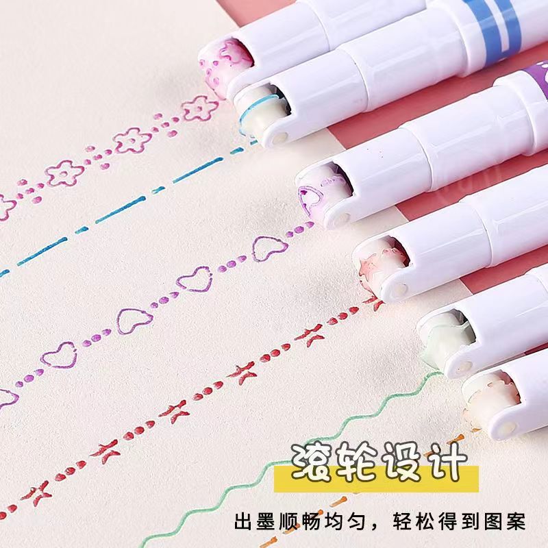 Hand Copy Pattern Outline PEN Students Draw Wavy Line Border Fluorescent Pen Curve Pen with Notebook Strokes. 
