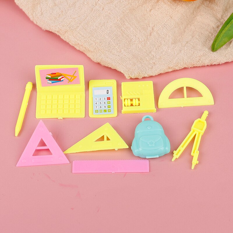 10PCS Simulation Colorful Pencil Learning Stationery Ruler Schoolbag Computer Calculator Resin DIY Accessories Dollhouse Decor. 