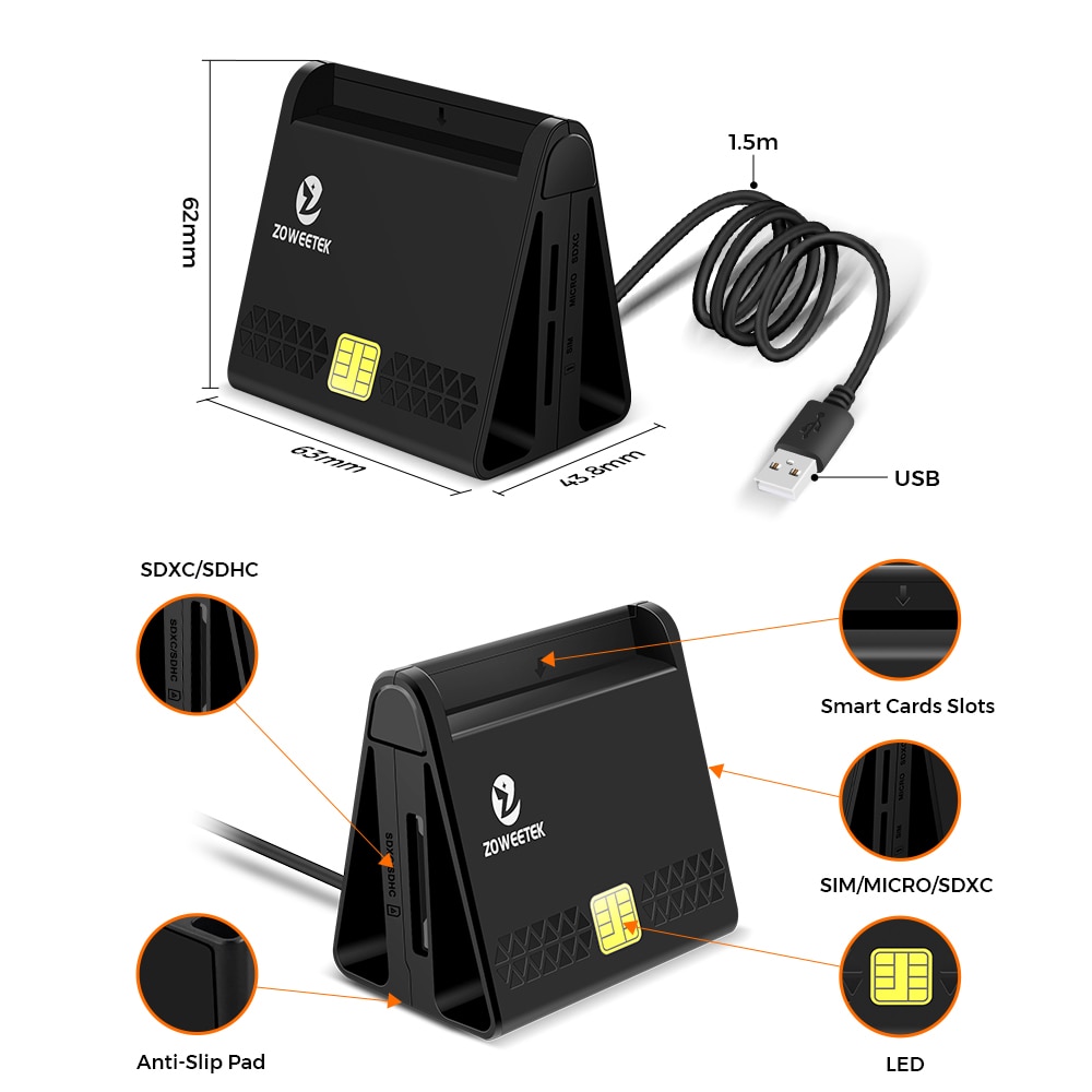 New Zoweetek Multi-Function USB Smart Card Reader for DNI CAC EMV Bank Micro SD/TF Memory SIM ID Card Reader. 