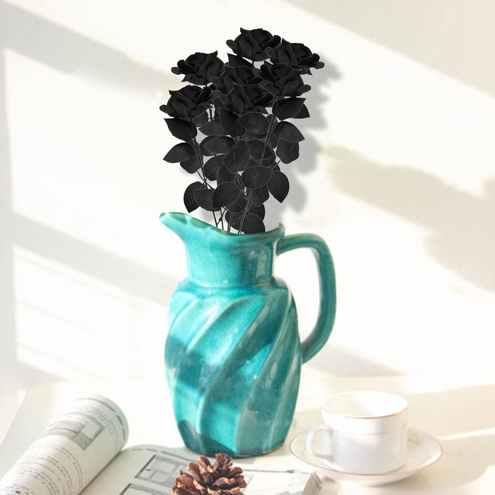 Realistic Fake Plant 5pcs Halloween Artificial Black Rose Gothic Silk Flower Decoration for Home Office Party Artificial Floral Plant