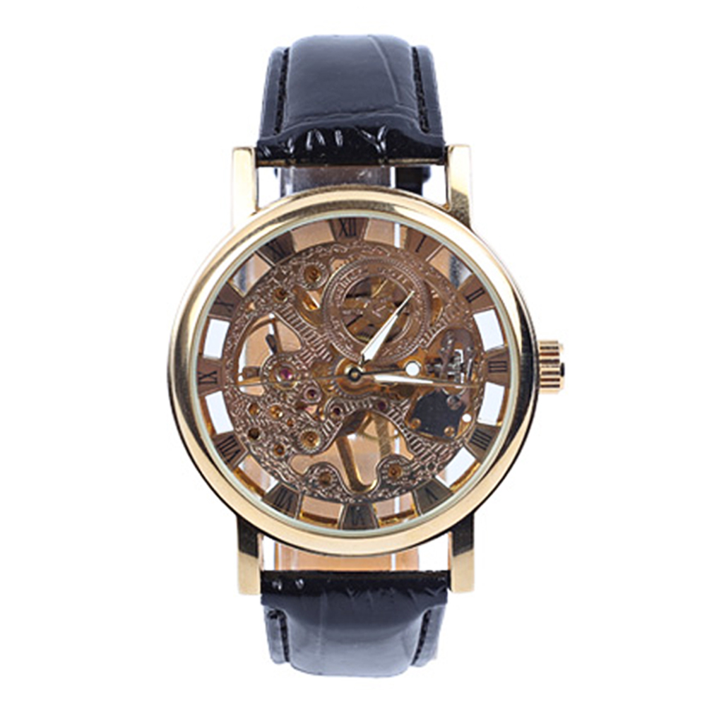 Men Fashion Luxury Hollow Skeleton Round Dial Faux Leather Strap Wrist Watch