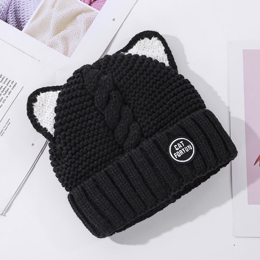 Winter Cat Ear Knitted Wool Hat Thick Cashmere, Warm and Cute Beanie for Women Cozy Cartoon Knit Hat Casual and Thick Beanie