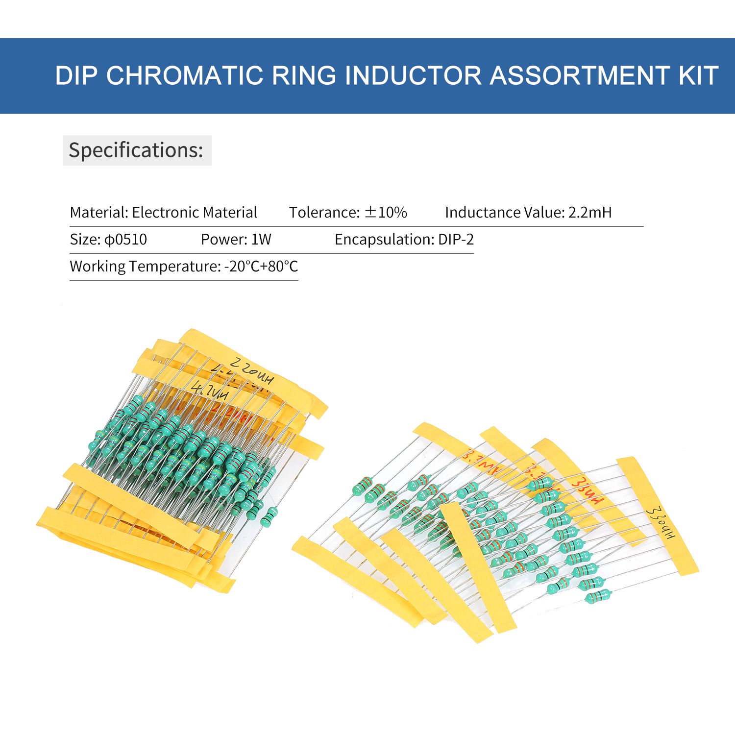 KOGEEK 200Pcs φ0510 DIP Chromatic Ring Inductor Assortment Kit Set Tolerance ±10% Power 1W 20 Inductance 1/10/100/2.2/22/220/3.3/33/330/4.7/47/470/6.8/680/15/150μH 1/2.2/3.3/4.7MH. 