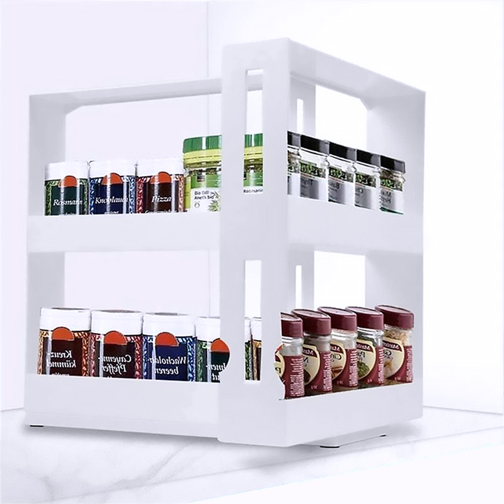 Cabinet Caddy (white)- Modular Rotating Spice Rack Organizer, Two 2-Tiered Shelves, Non-Skid Base. 