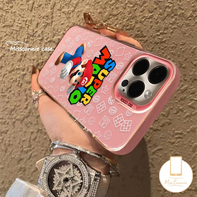 Cute Cartoon Super Mario Case Compatible for IPhone 16 11 15 14 13 12 Pro Max 7Plus XR X XS Max 15 7 16 8 Plus SE 2020 Luxury Plating Metal Lens Doodle Colored English Letter Cover. 