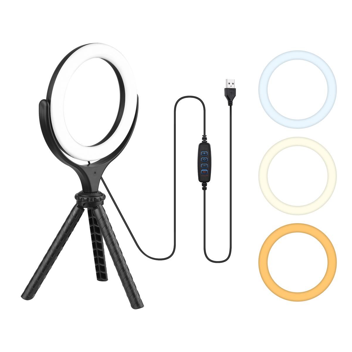 6-inch Video Streaming LED Ring Light Bi-color 3000K-6500K 10-level Brightness Dimmable USB Powered with Table Tripod for Video Live Makeup Online Teaching