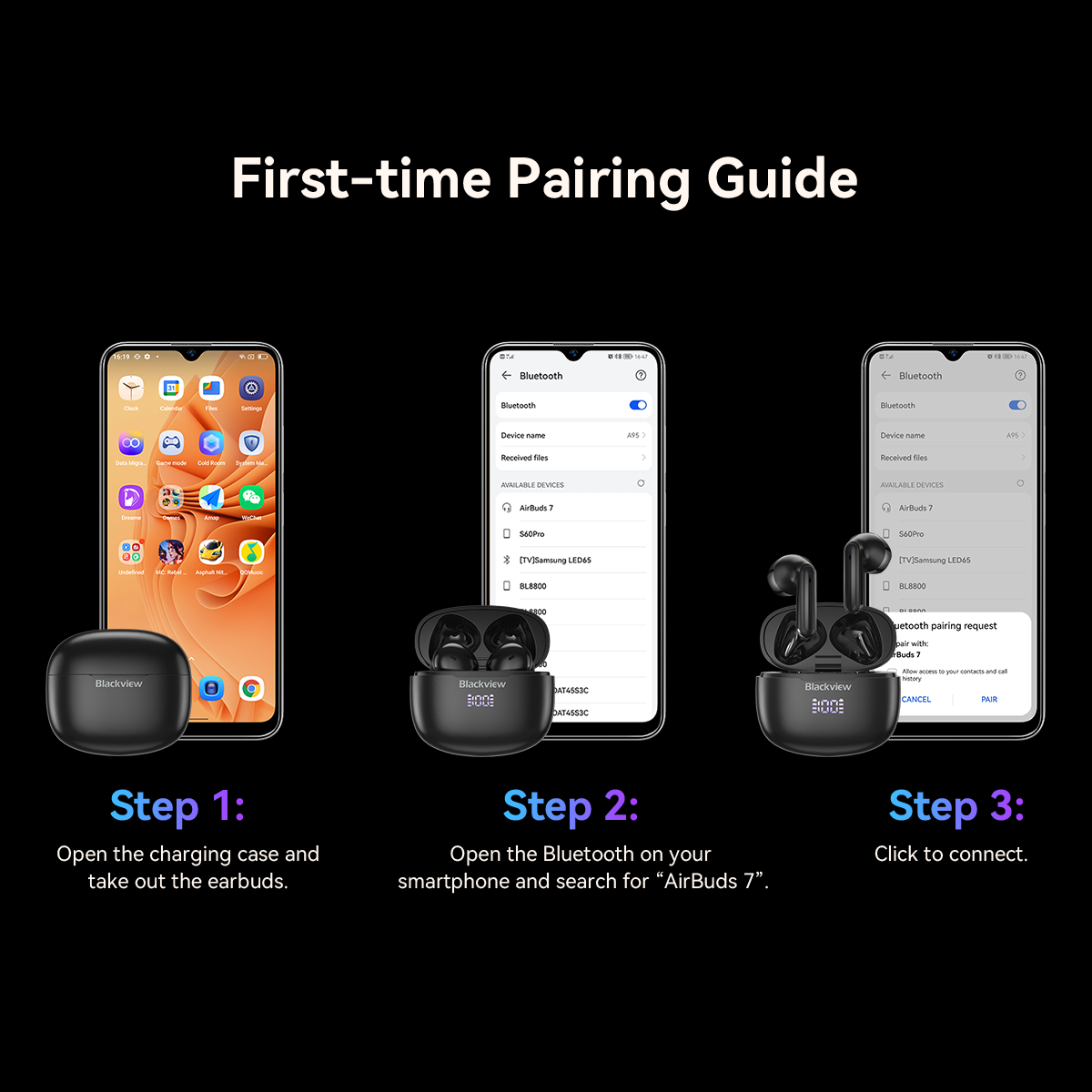 Blackview AirBuds 7 True Wireless Bluetooth Headphones TWS Earphones In Ear with Microphone Wireless Charging for Mobile Phone. 