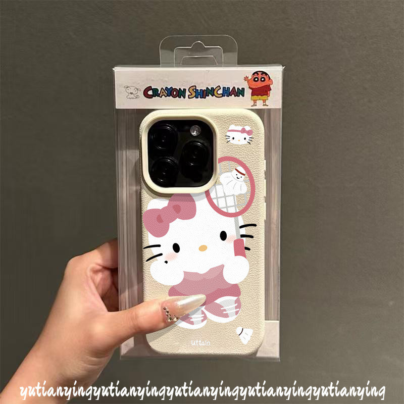 Trendy Brand Cute Cartoon Hello Kitty Badminton Case Compatible for IPhone 13 11 15 16 14 12 Pro Max XR 16 14 15 Plus X XS Max Luxury Leather Texture Skin Feel Soft Cover