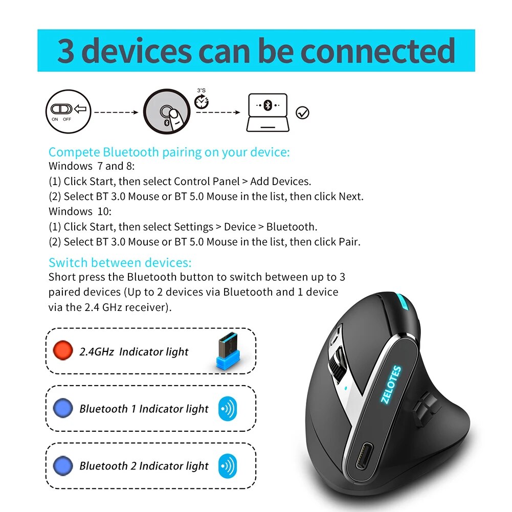 ZELOTES F-36 Wireless Vertical Mouse 2.4G Bluetooth-compatible Mice 2400 DPI 8 Buttons Gaming Mouse for Computer Laptop Desktop. 