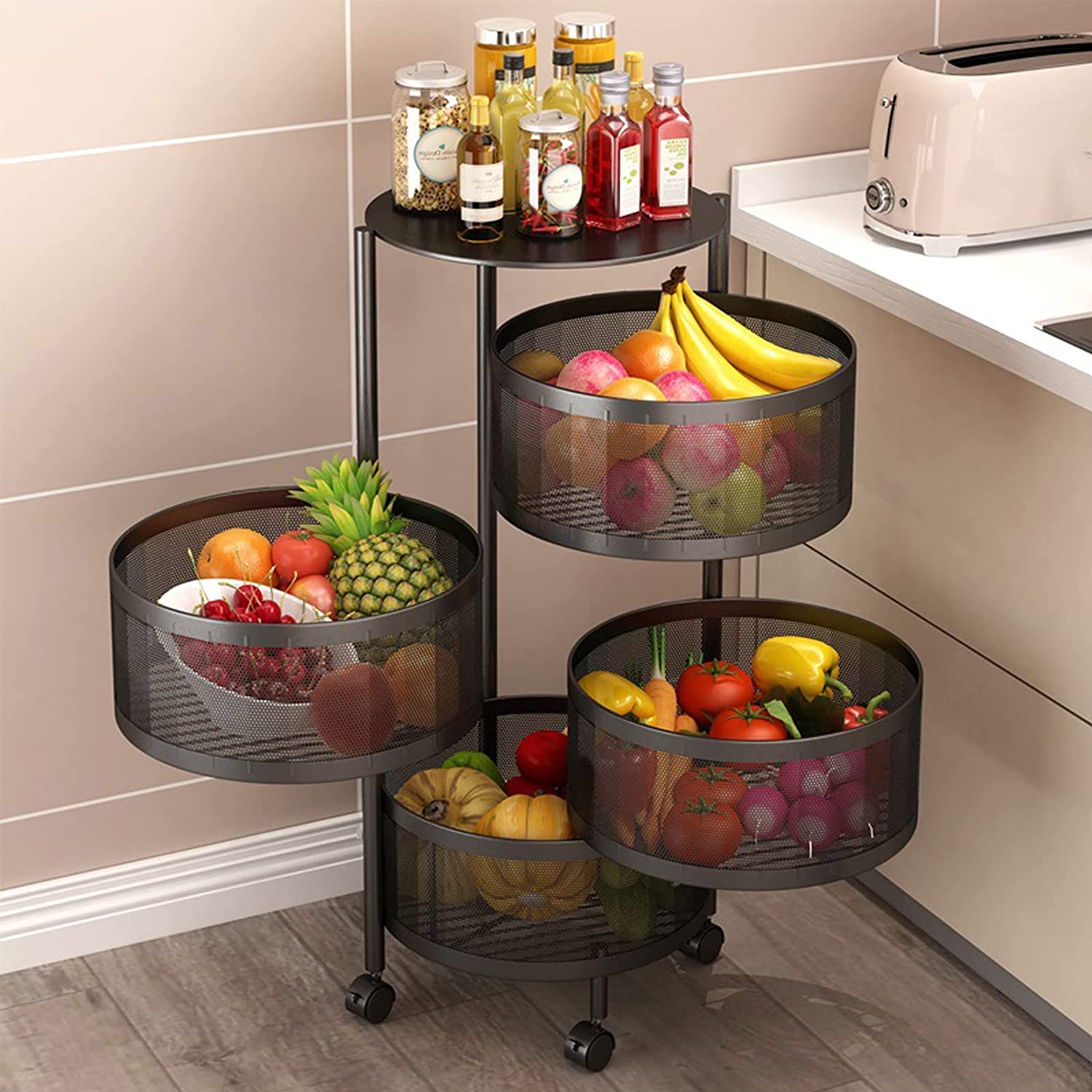 4-Layer round shape Rotating Fruit And Vegetable Basket Storage Shelf Vegetable Rack