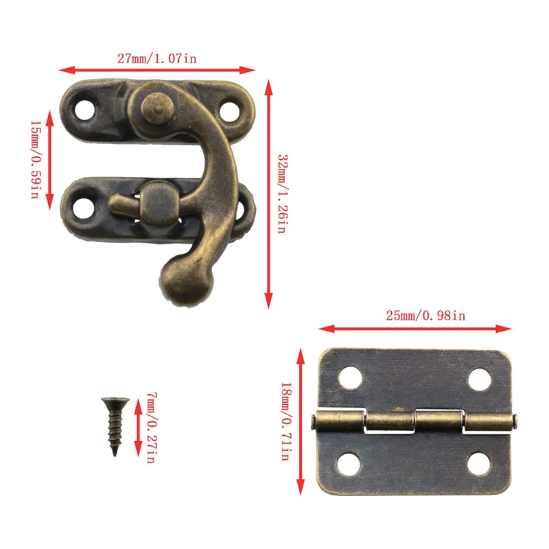 Small Box Hinges Bronze Right Latch Hook Hasp with Hinges and Screws. 