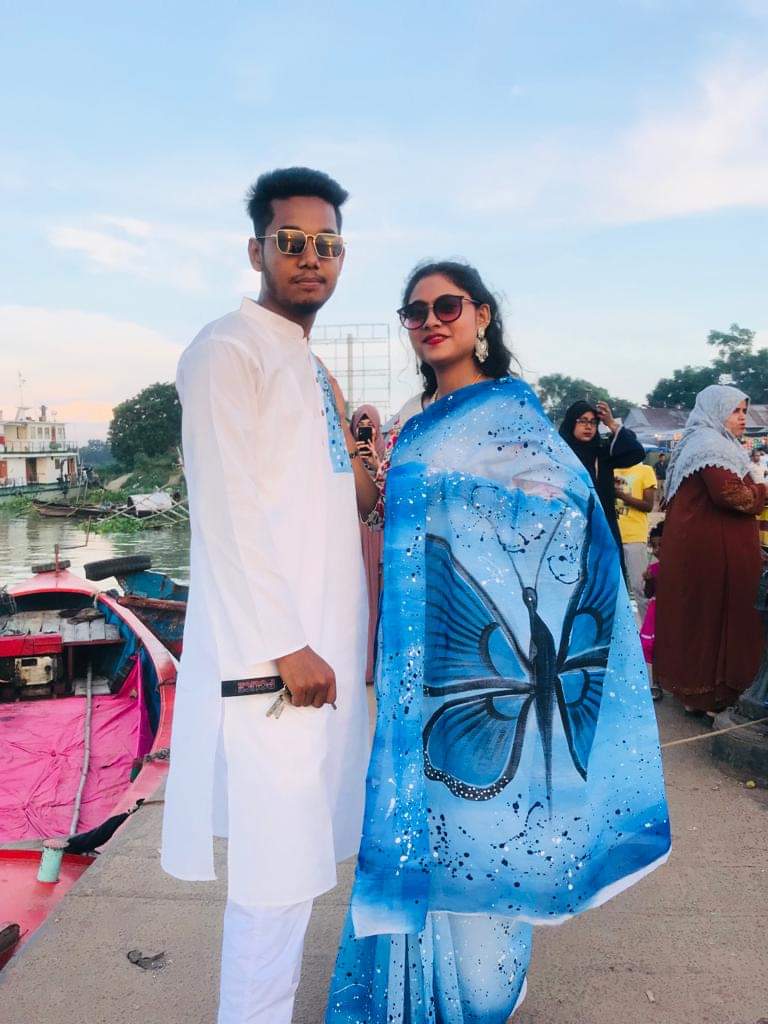 Half Silk Hand Print Saree and Punjabi Couples Set (Sari and Punjabi). 