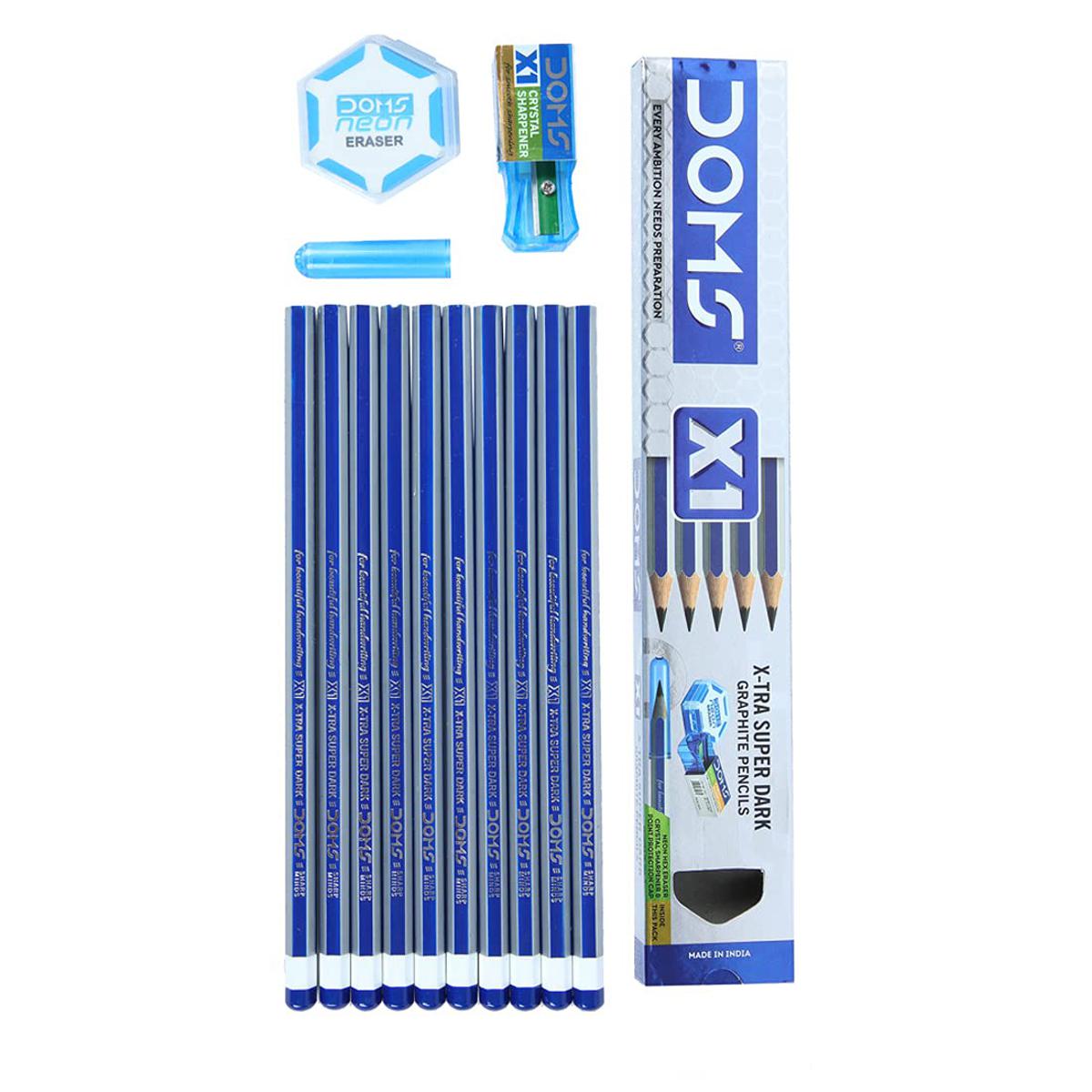 Doms X1 Super Dark Pencil 10 Pcs with sharpner and eraser