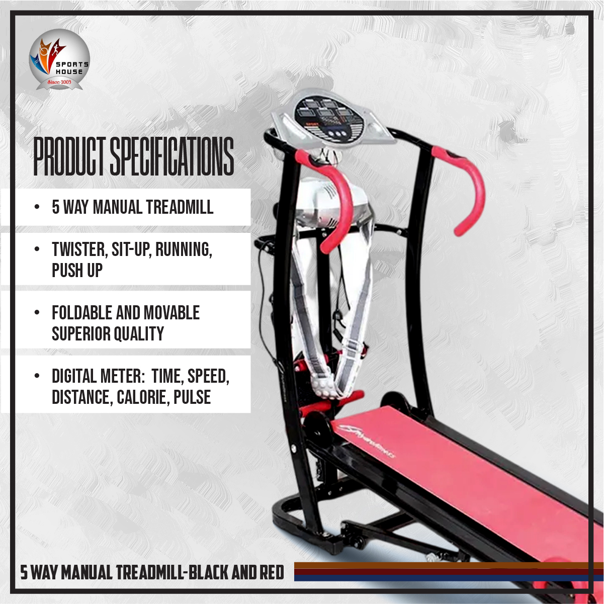 5 Way Manual Treadmill-Black and Red. 
