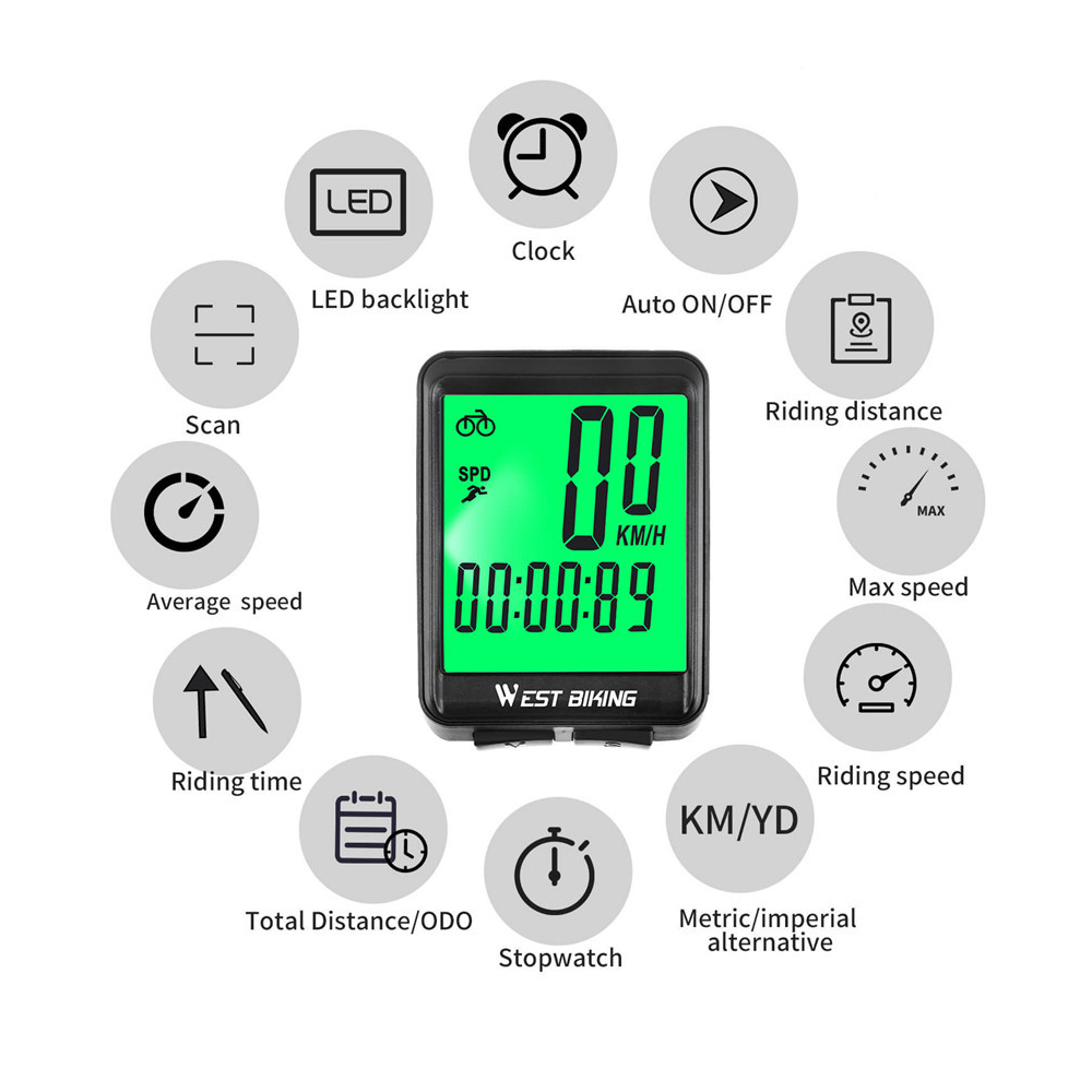 WEST BIKING Waterproof Bicycle Computer WirelessWired MTB Bike Cycling Odometer Stopwatch Speedometer Watch LED Digital Rate. 