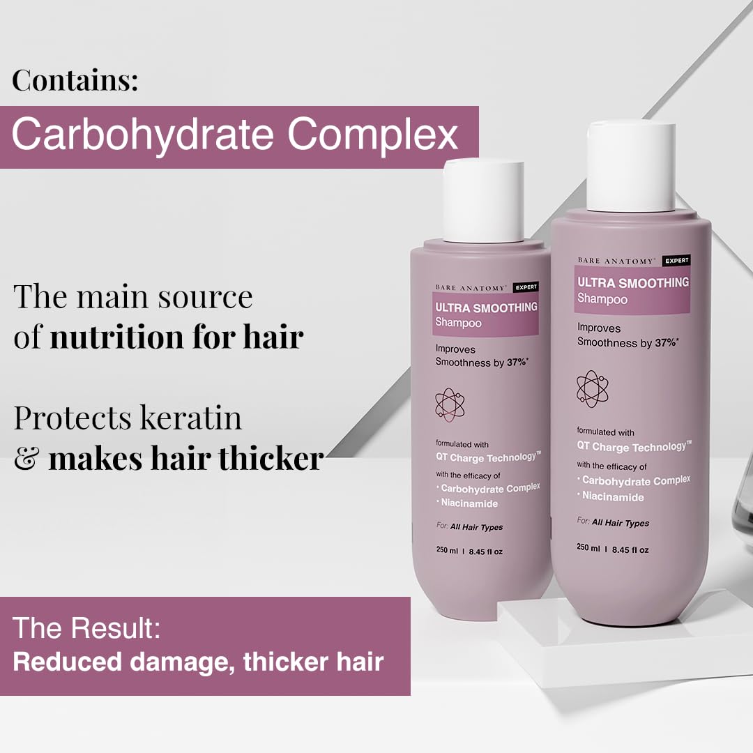 Bare Anatomy Ultra Smoothing Shampoo for Dry and Frizzy Hair | Restores Smoothing & Texture by 37% | Powered By Carbohydrate Complex & Niacinamide | SLS & Paraben Free | Vegan | For Men & Women -250ml. 