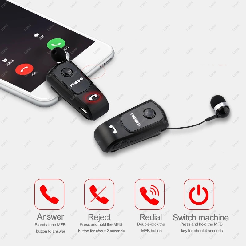 Fineblue F920 Wireless Earphone Bluetooth Headset Heaphones in Lotus with Wire Clip Ears Handsfree Earbuds Retractable Earphones. 