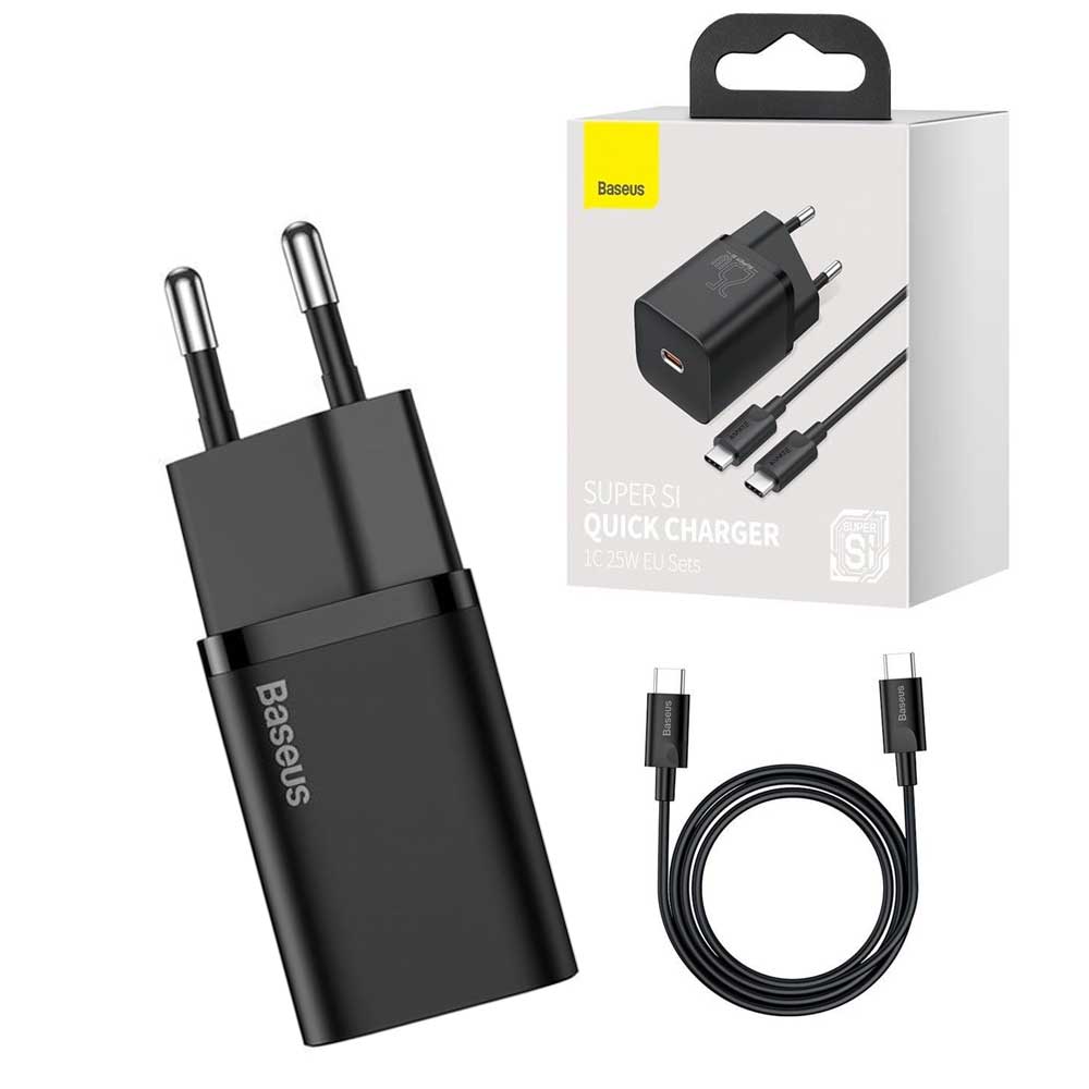 Baseus Super Si Quick Charger 1C 25W US Sets With Mini Cable Type-C to Type-C 3A. 