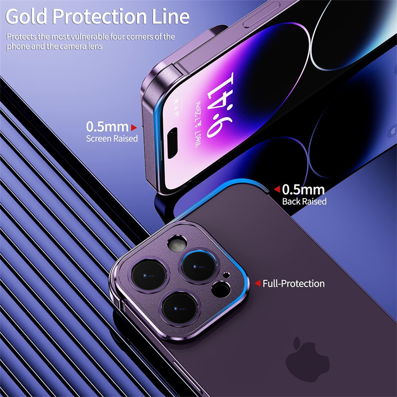 Metal Corner Frameless Bumper Shockproof Case for IPhone 14 15 13 12 Pro Max Plus 14Pro 15Pro Cover with Glass Lens Protector. 