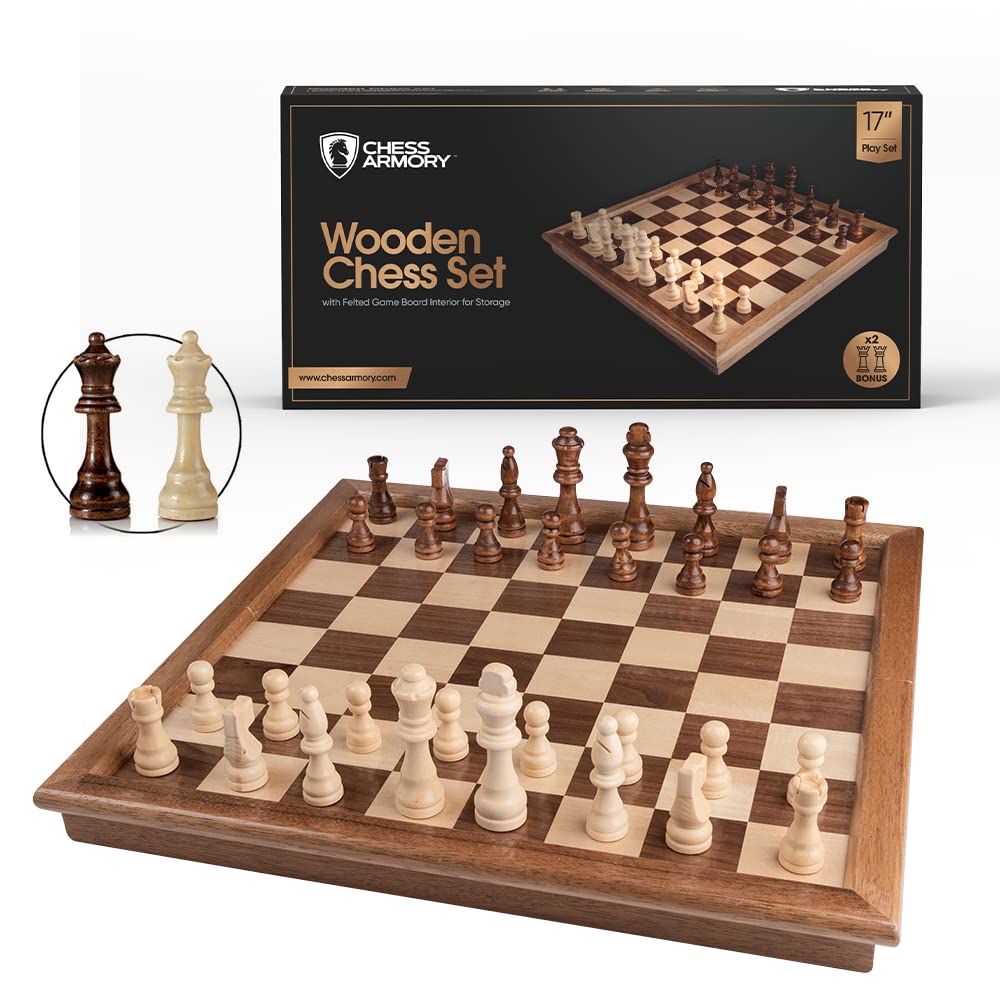 Chess Armory Chess Set 12" x 12" Wooden Chess Set Large Chess Board Set Unique Chess Game Includes Extra Queen Pieces Storage. 