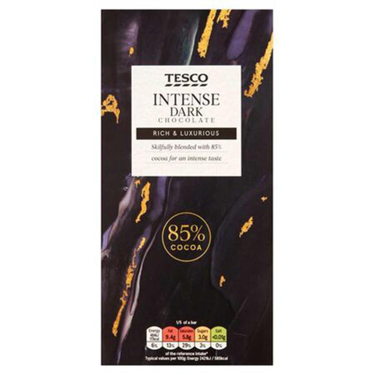 TESCO INTENSE 85% COCOA DARK CHOCOLATE BAR 100G